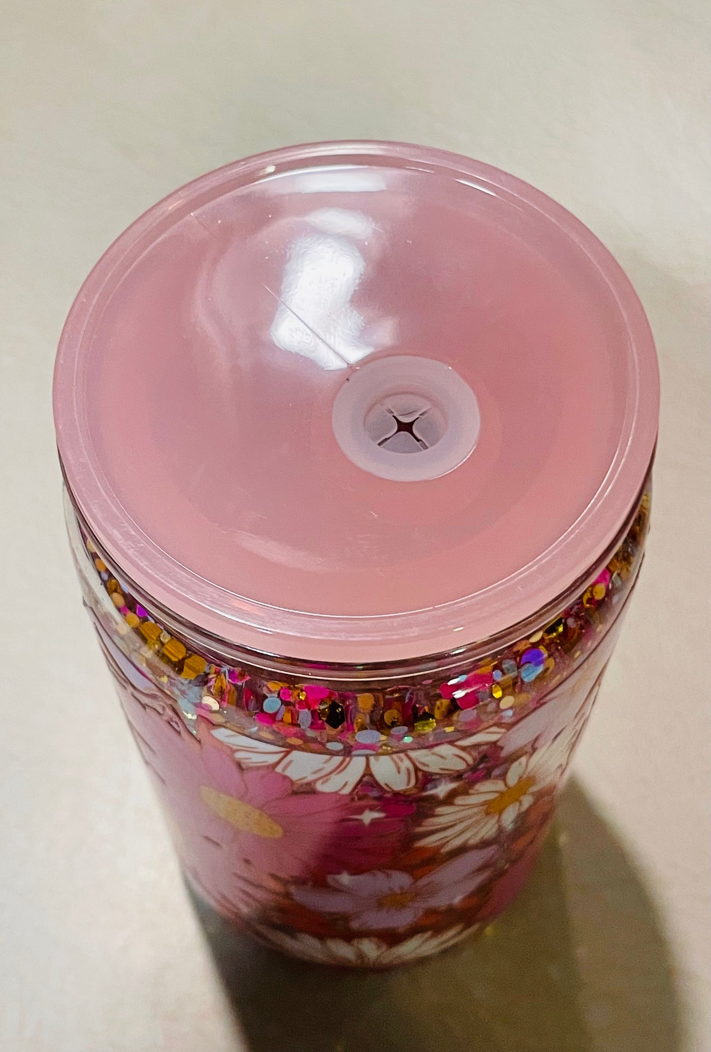 Pink floral 16oz acrylic snow globe tumbler