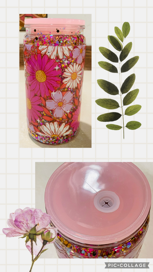 Pink floral 16oz acrylic snow globe tumbler