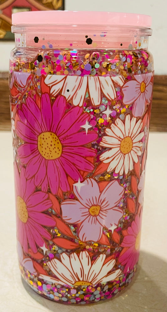 Pink floral 16oz acrylic snow globe tumbler