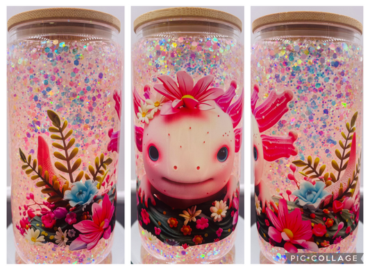 Axolotl 16oz glass snow globe tumbler